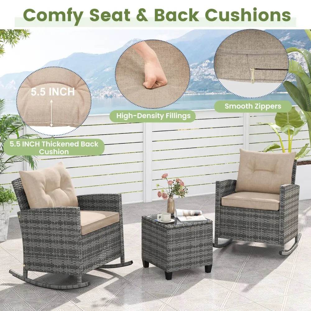 3-Piece Patio Rattan Roker Chairs with Tempered Glass Table and Soft Cushions-Yellow - Yellow - Patio Conversation Sets