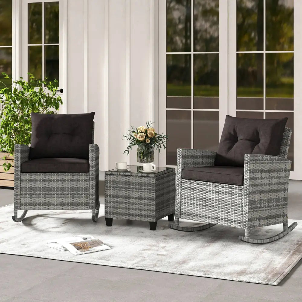 3-Piece Patio Rattan Roker Chairs with Tempered Glass Table and Soft Cushions-Mix Gray-Black - Mix Grey-black - Patio