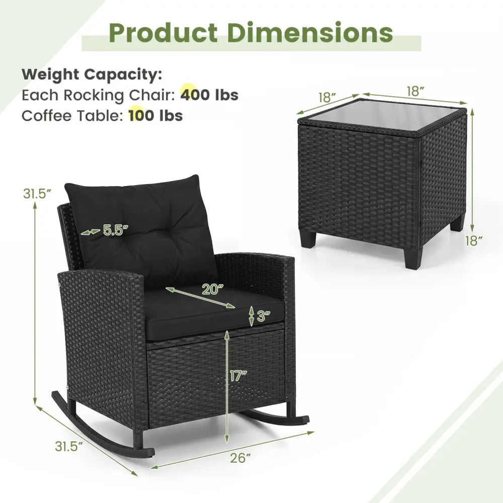 3-Piece Patio Rattan Roker Chairs with Tempered Glass Table and Soft Cushions-Black & Brown - Patio Conversation Sets