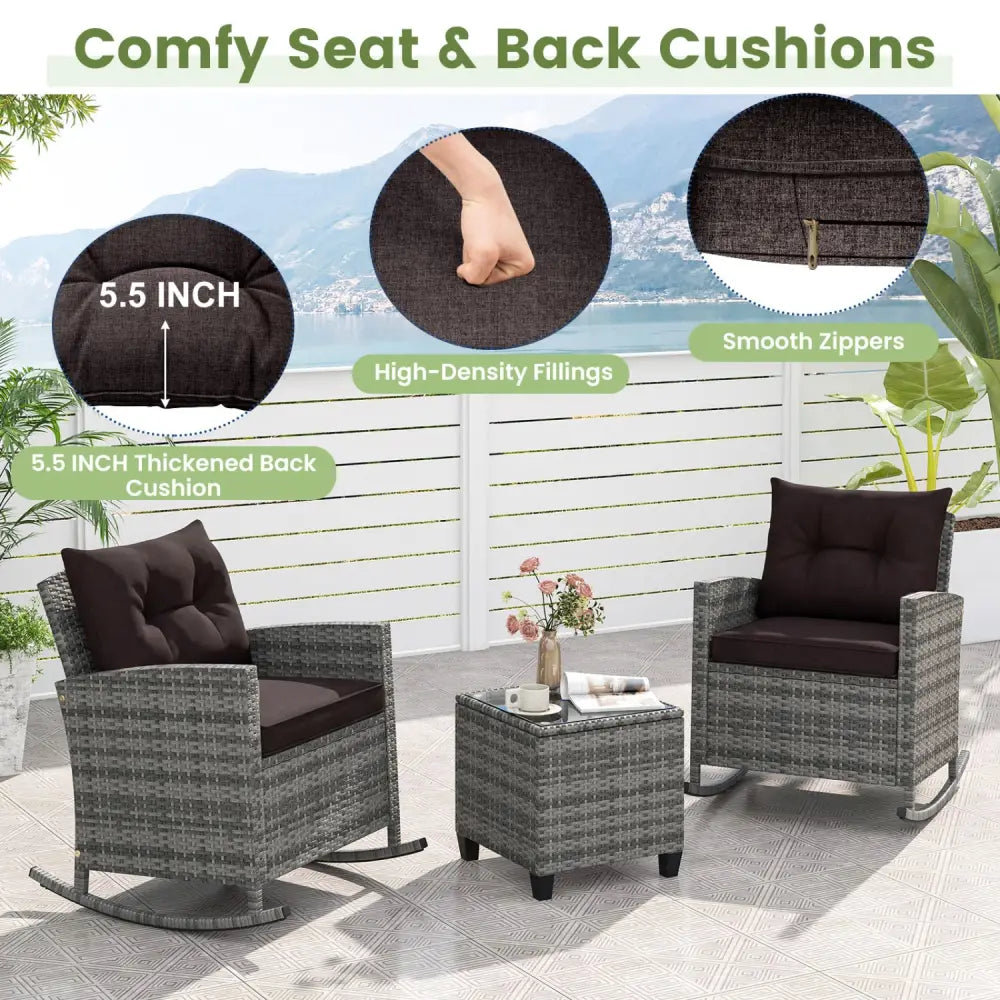 3-Piece Patio Rattan Roker Chairs with Tempered Glass Table and Soft Cushions-Mix Gray-Black - Mix Grey-black - Patio