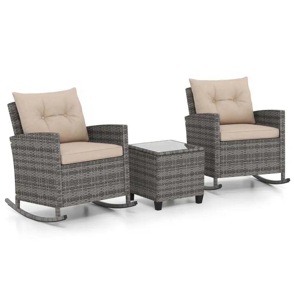 3-Piece Patio Rattan Roker Chairs with Tempered Glass Table and Soft Cushions-Yellow - Yellow - Patio Conversation Sets