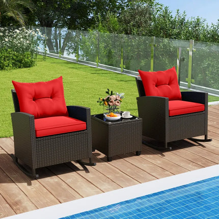 3-Piece Patio Rattan Roker Chairs with Tempered Glass Table and Soft Cushions-Red - Red - Patio Conversation Sets