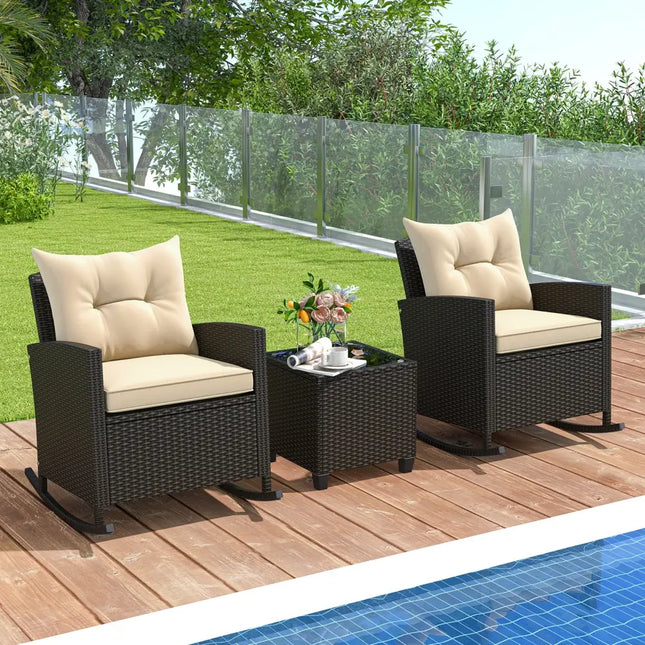 3-Piece Patio Rattan Roker Chairs with Tempered Glass Table and Soft Cushions-Beige - Beige - Patio Conversation Sets
