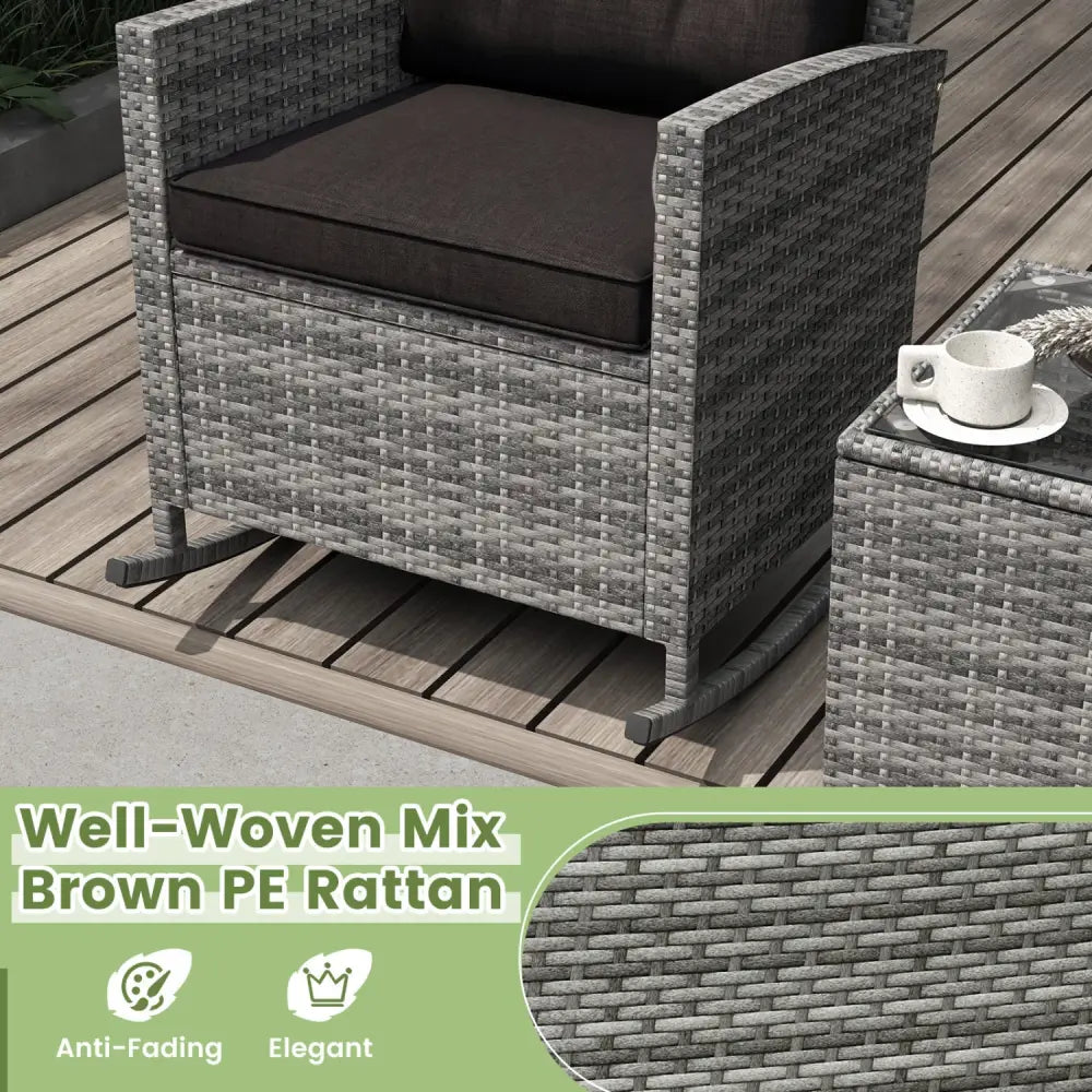 3-Piece Patio Rattan Roker Chairs with Tempered Glass Table and Soft Cushions-Mix Gray-Black - Mix Grey-black - Patio