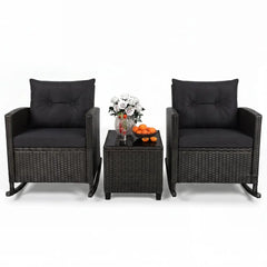3-Piece Patio Rattan Roker Chairs with Tempered Glass Table and Soft Cushions-Black & Brown - Patio Conversation Sets