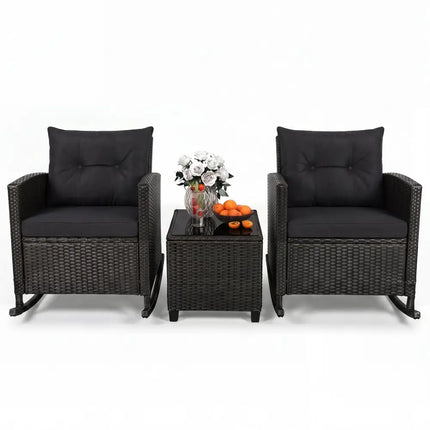 3-Piece Patio Rattan Roker Chairs with Tempered Glass Table and Soft Cushions-Black & Brown - Patio Conversation Sets