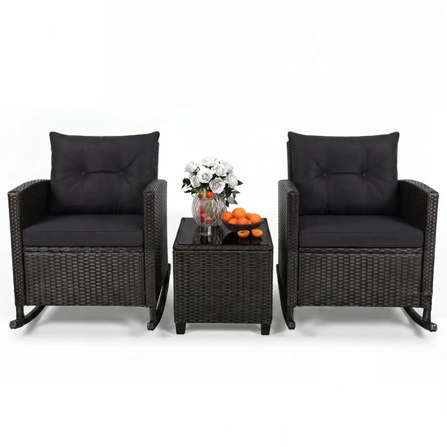 3-Piece Patio Rattan Roker Chairs with Tempered Glass Table and Soft Cushions-Black & Brown - Patio Conversation Sets