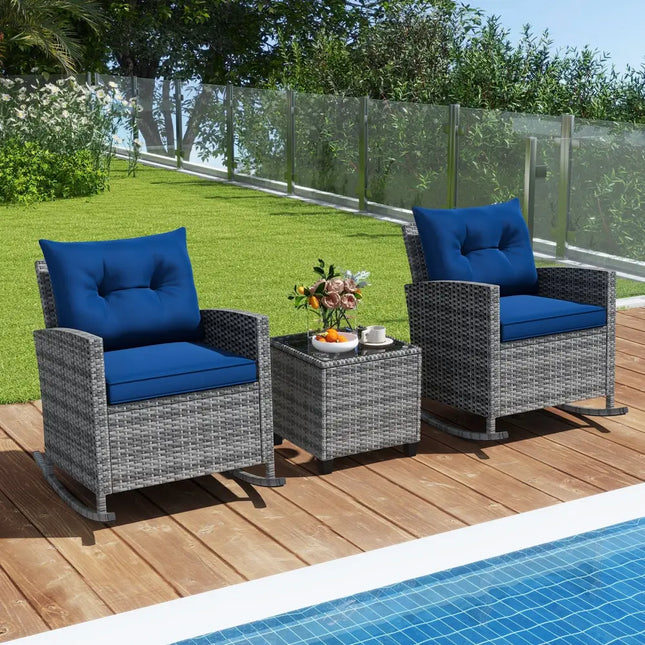 3-Piece Patio Rattan Roker Chairs with Tempered Glass Table and Soft Cushions-Dark Blue - Dark Blue - Patio
