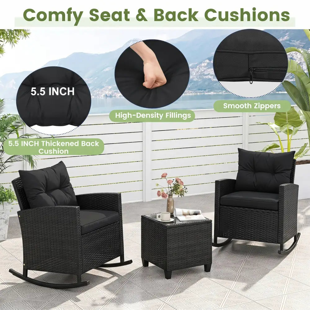 3-Piece Patio Rattan Roker Chairs with Tempered Glass Table and Soft Cushions-Black & Brown - Patio Conversation Sets