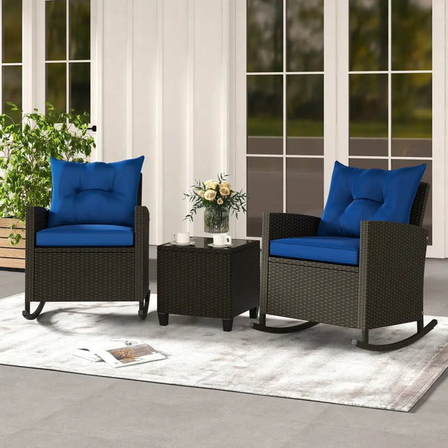 3-Piece Patio Rattan Roker Chairs with Tempered Glass Table and Soft Cushions-Navy - Navy - Patio Conversation Sets