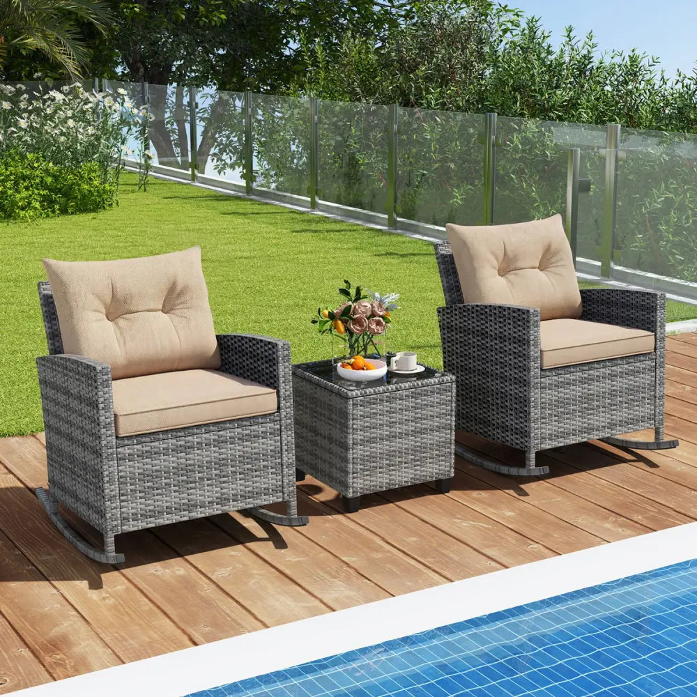 3-Piece Patio Rattan Roker Chairs with Tempered Glass Table and Soft Cushions-Yellow - Yellow - Patio Conversation Sets