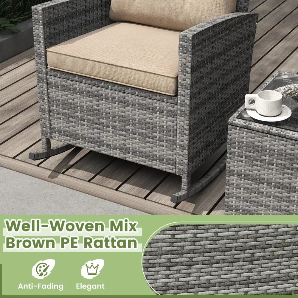 3-Piece Patio Rattan Roker Chairs with Tempered Glass Table and Soft Cushions-Yellow - Yellow - Patio Conversation Sets