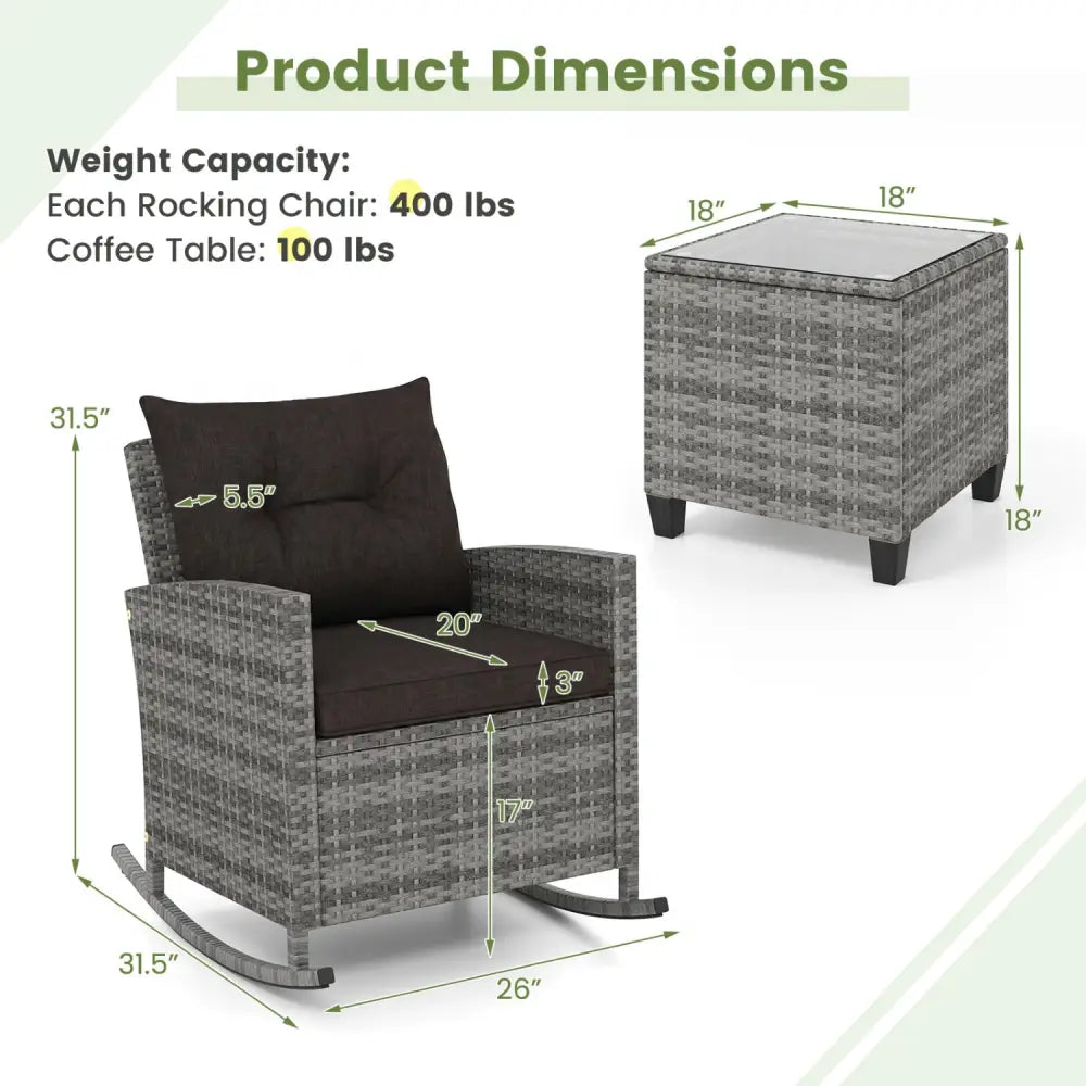 3-Piece Patio Rattan Roker Chairs with Tempered Glass Table and Soft Cushions-Mix Gray-Black - Mix Grey-black - Patio