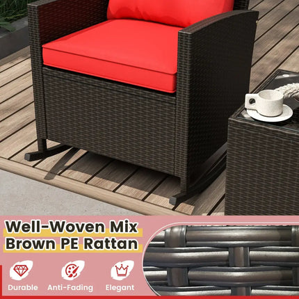 3-Piece Patio Rattan Roker Chairs with Tempered Glass Table and Soft Cushions-Red - Red - Patio Conversation Sets