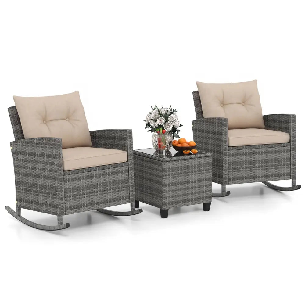 3-Piece Patio Rattan Roker Chairs with Tempered Glass Table and Soft Cushions-Yellow - Yellow - Patio Conversation Sets