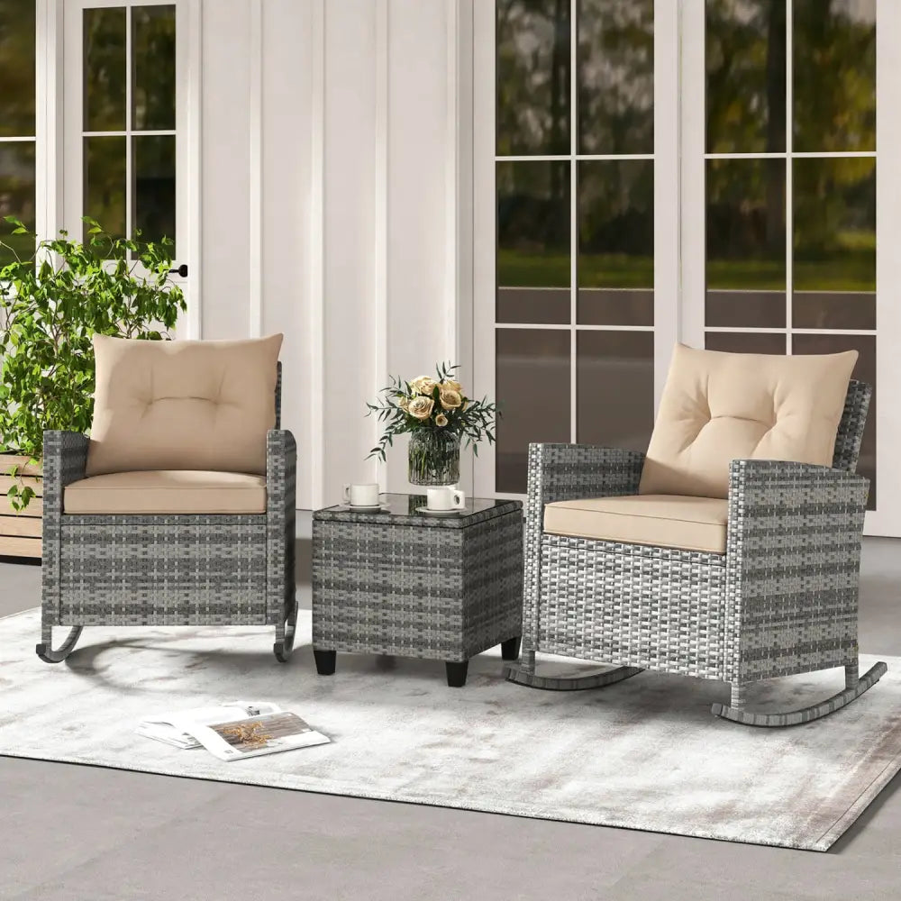 3-Piece Patio Rattan Roker Chairs with Tempered Glass Table and Soft Cushions-Yellow - Yellow - Patio Conversation Sets