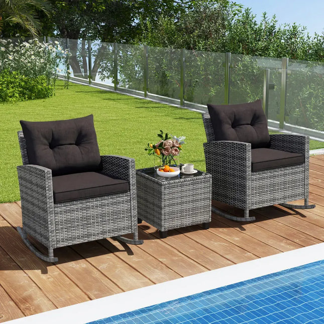 3-Piece Patio Rattan Roker Chairs with Tempered Glass Table and Soft Cushions-Mix Gray-Black - Mix Grey-black - Patio