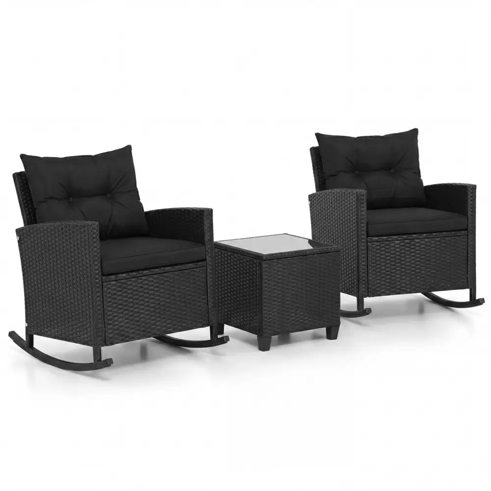 3-Piece Patio Rattan Roker Chairs with Tempered Glass Table and Soft Cushions-Black & Brown - Patio Conversation Sets