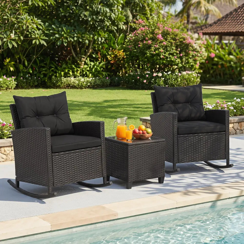 3-Piece Patio Rattan Roker Chairs with Tempered Glass Table and Soft Cushions-Black & Brown - Patio Conversation Sets