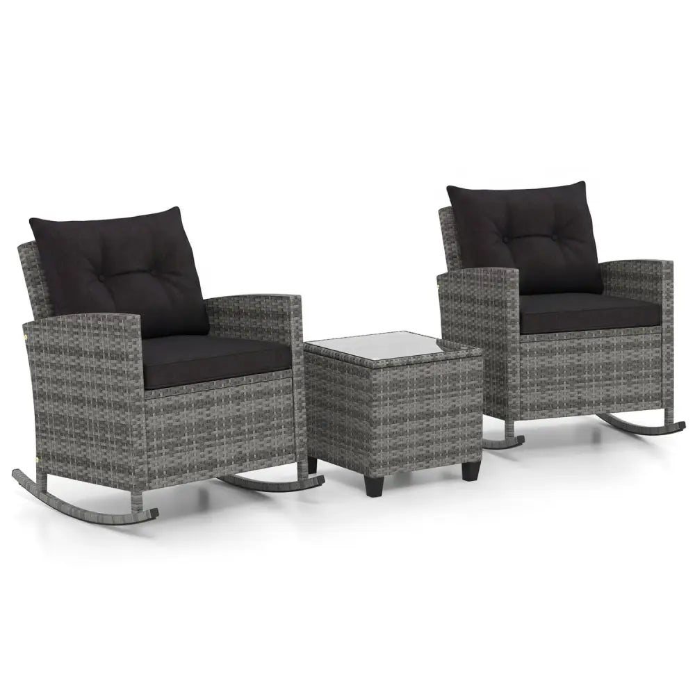 3-Piece Patio Rattan Roker Chairs with Tempered Glass Table and Soft Cushions-Mix Gray-Black - Mix Grey-black - Patio