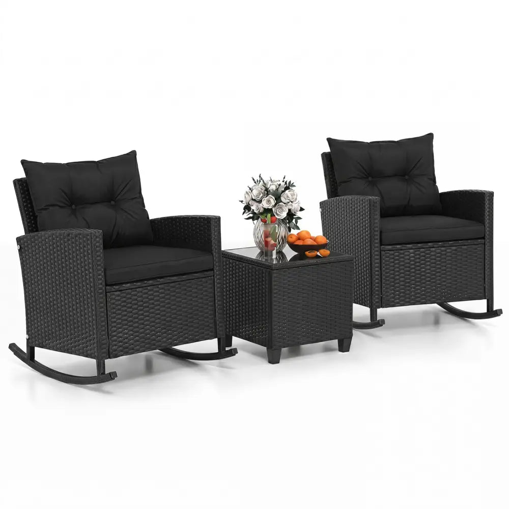 3-Piece Patio Rattan Roker Chairs with Tempered Glass Table and Soft Cushions-Black & Brown - Patio Conversation Sets