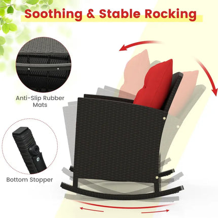 3-Piece Patio Rattan Roker Chairs with Tempered Glass Table and Soft Cushions-Red - Red - Patio Conversation Sets