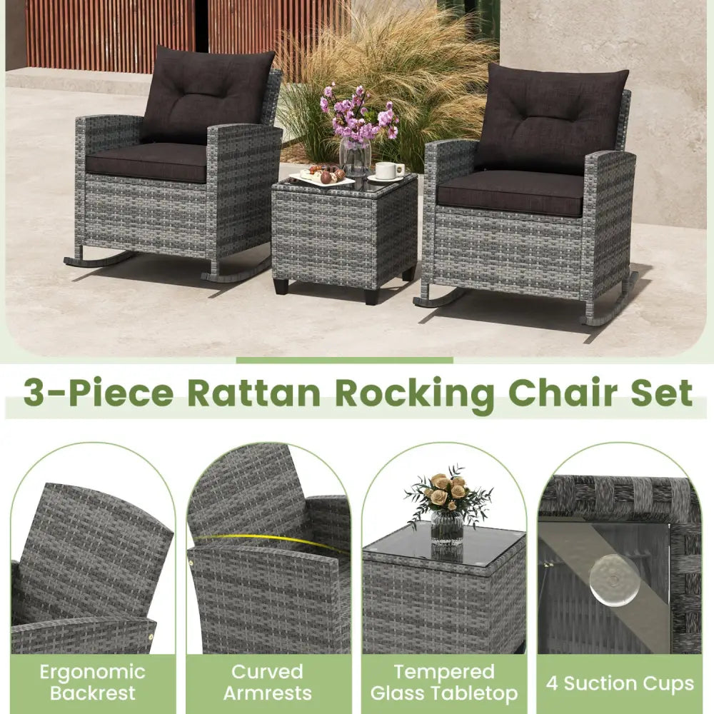 3-Piece Patio Rattan Roker Chairs with Tempered Glass Table and Soft Cushions-Mix Gray-Black - Mix Grey-black - Patio
