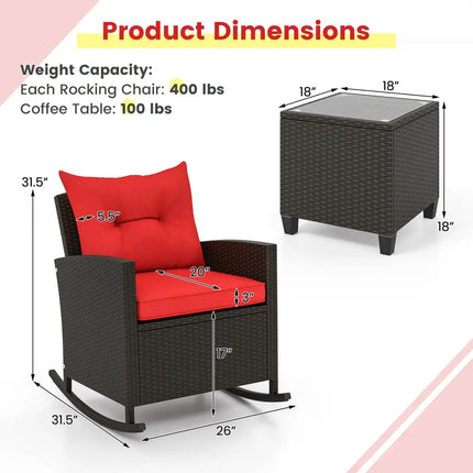 3-Piece Patio Rattan Roker Chairs with Tempered Glass Table and Soft Cushions-Red - Red - Patio Conversation Sets