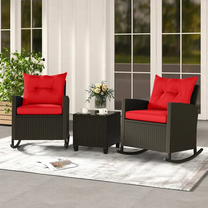 3-Piece Patio Rattan Roker Chairs with Tempered Glass Table and Soft Cushions-Red - Red - Patio Conversation Sets
