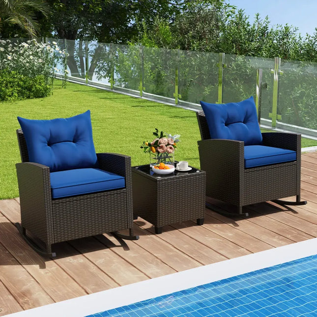 3-Piece Patio Rattan Roker Chairs with Tempered Glass Table and Soft Cushions-Navy - Navy - Patio Conversation Sets