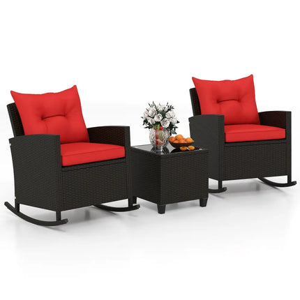 3-Piece Patio Rattan Roker Chairs with Tempered Glass Table and Soft Cushions-Red - Red - Patio Conversation Sets