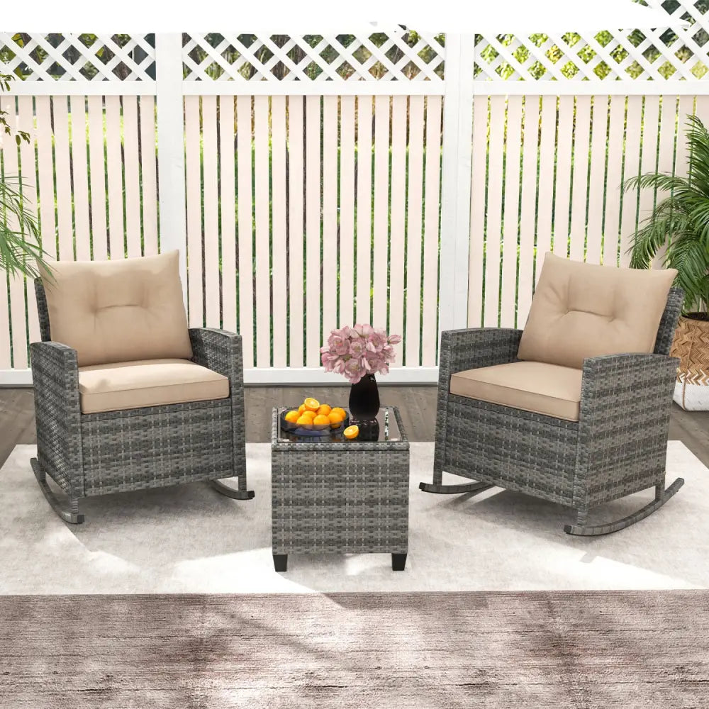 3-Piece Patio Rattan Roker Chairs with Tempered Glass Table and Soft Cushions-Yellow - Yellow - Patio Conversation Sets