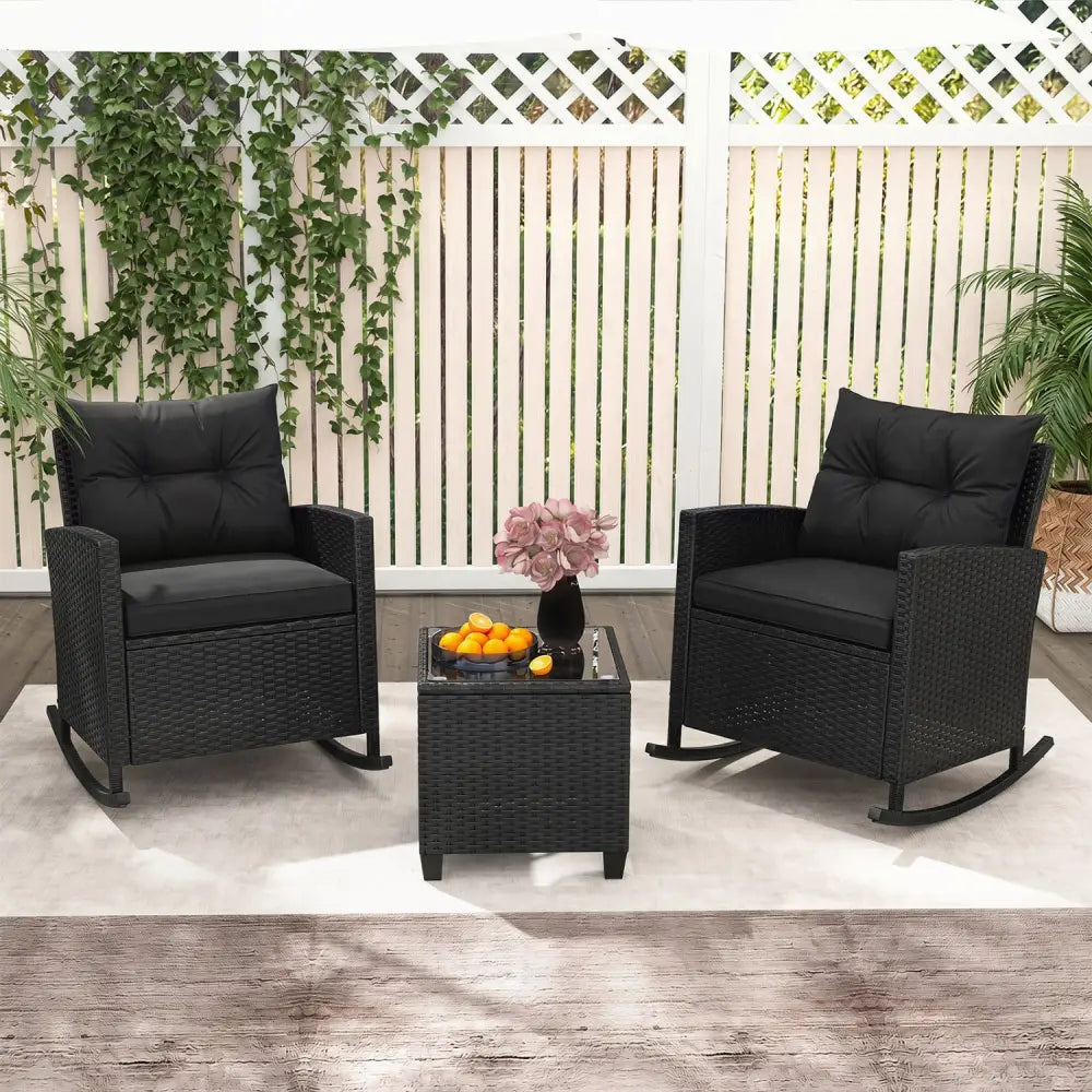 3-Piece Patio Rattan Roker Chairs with Tempered Glass Table and Soft Cushions-Black & Brown - Patio Conversation Sets