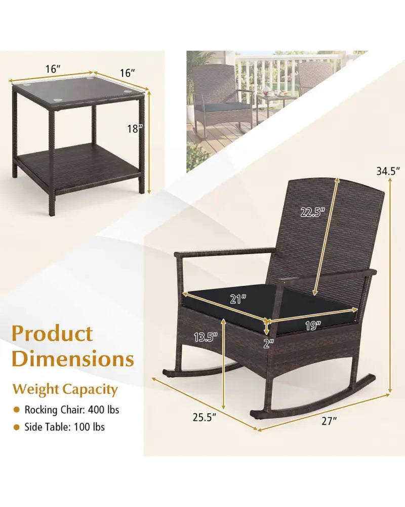 3 Piece Patio Rocking Bistro Set with 2-Tier Table-Black - Black - Patio Conversation Sets