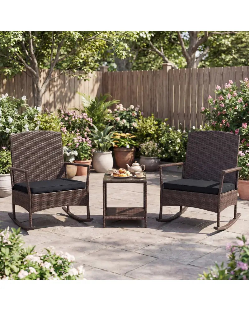 3 Piece Patio Rocking Bistro Set with 2-Tier Table-Black - Black - Patio Conversation Sets