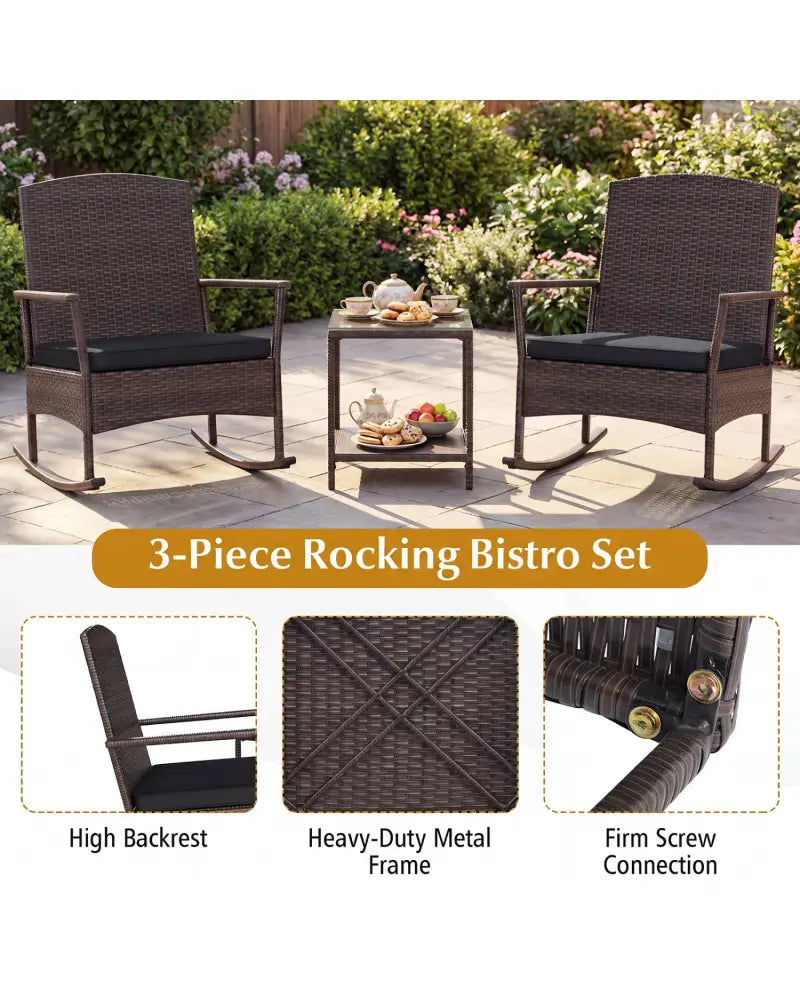 3 Piece Patio Rocking Bistro Set with 2-Tier Table-Black - Black - Patio Conversation Sets