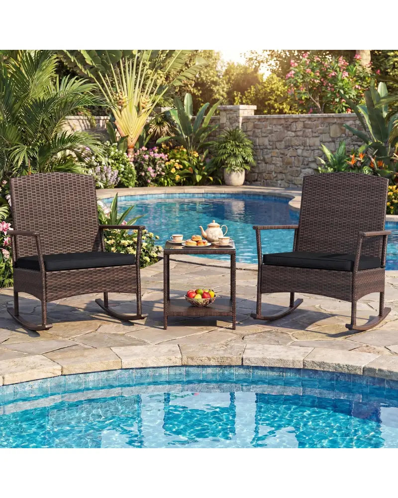 3 Piece Patio Rocking Bistro Set with 2-Tier Table-Black - Black - Patio Conversation Sets