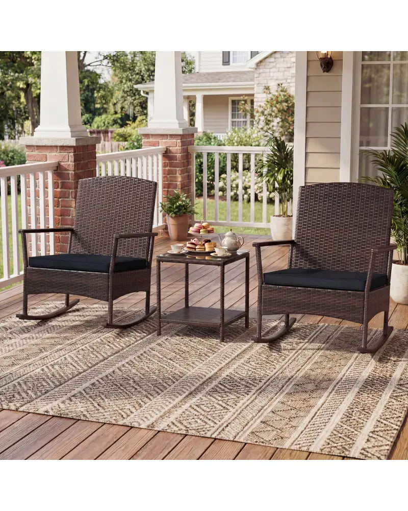 3 Piece Patio Rocking Bistro Set with 2-Tier Table-Black - Black - Patio Conversation Sets