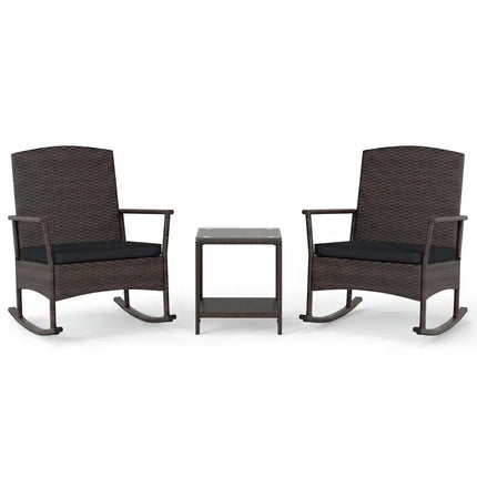 3 Piece Patio Rocking Bistro Set with 2-Tier Table-Black - Black - Patio Conversation Sets