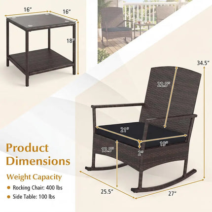 3 Piece Patio Rocking Bistro Set with 2-Tier Table-Black - Black - Patio Conversation Sets