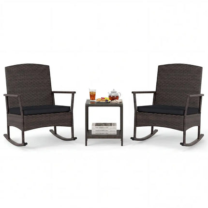 3 Piece Patio Rocking Bistro Set with 2-Tier Table-Black - Black - Patio Conversation Sets