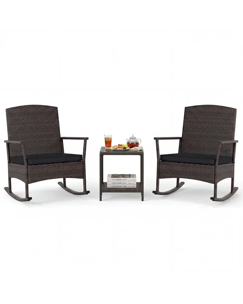 3 Piece Patio Rocking Bistro Set with 2-Tier Table-Black - Black - Patio Conversation Sets