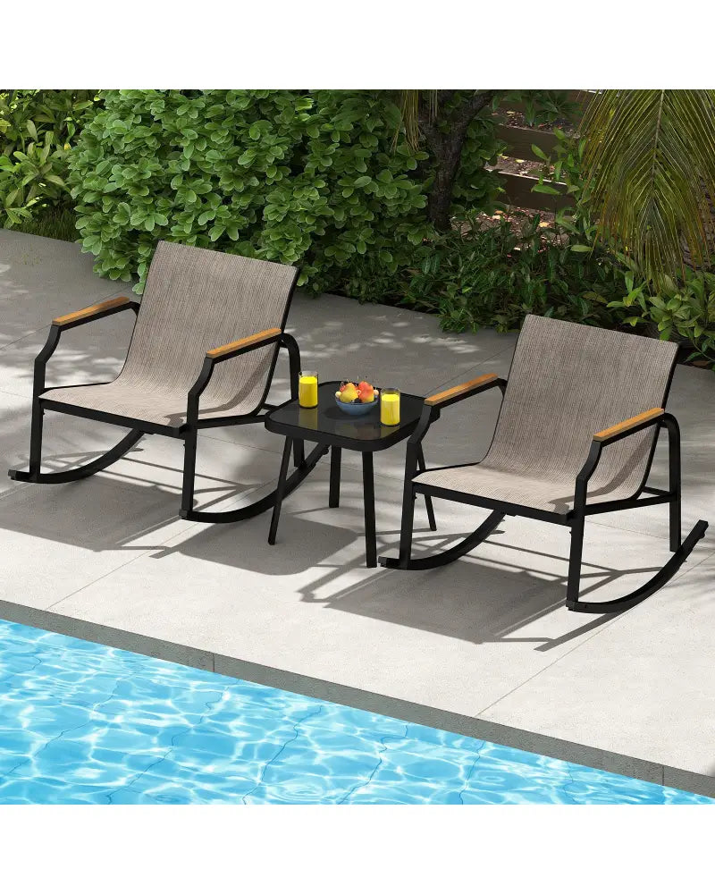 3 Piece Patio Rocking Bistro Set with Tempered Glass Coffee Table and Armrests for Porch-Brown - Brown - Patio