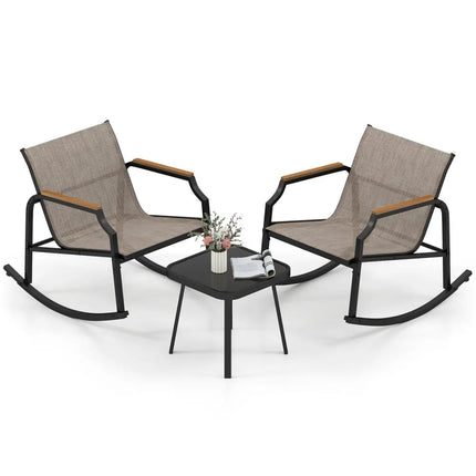 3 Piece Patio Rocking Bistro Set with Tempered Glass Coffee Table and Armrests for Porch-Brown - Brown - Patio