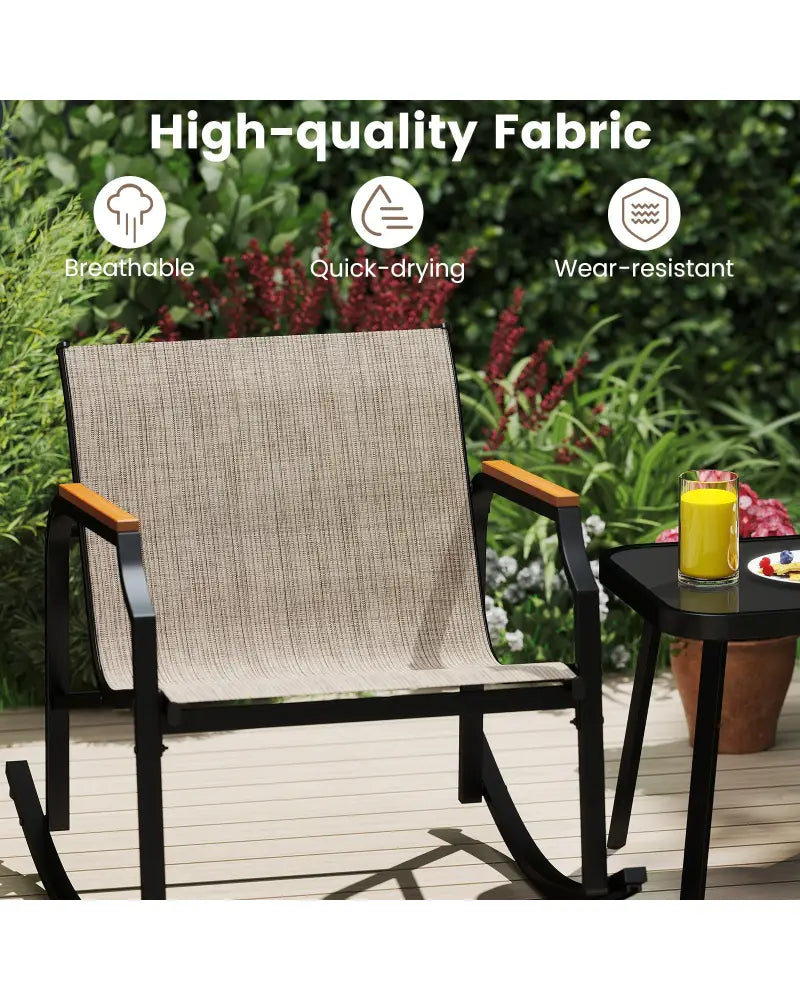 3 Piece Patio Rocking Bistro Set with Tempered Glass Coffee Table and Armrests for Porch-Brown - Brown - Patio