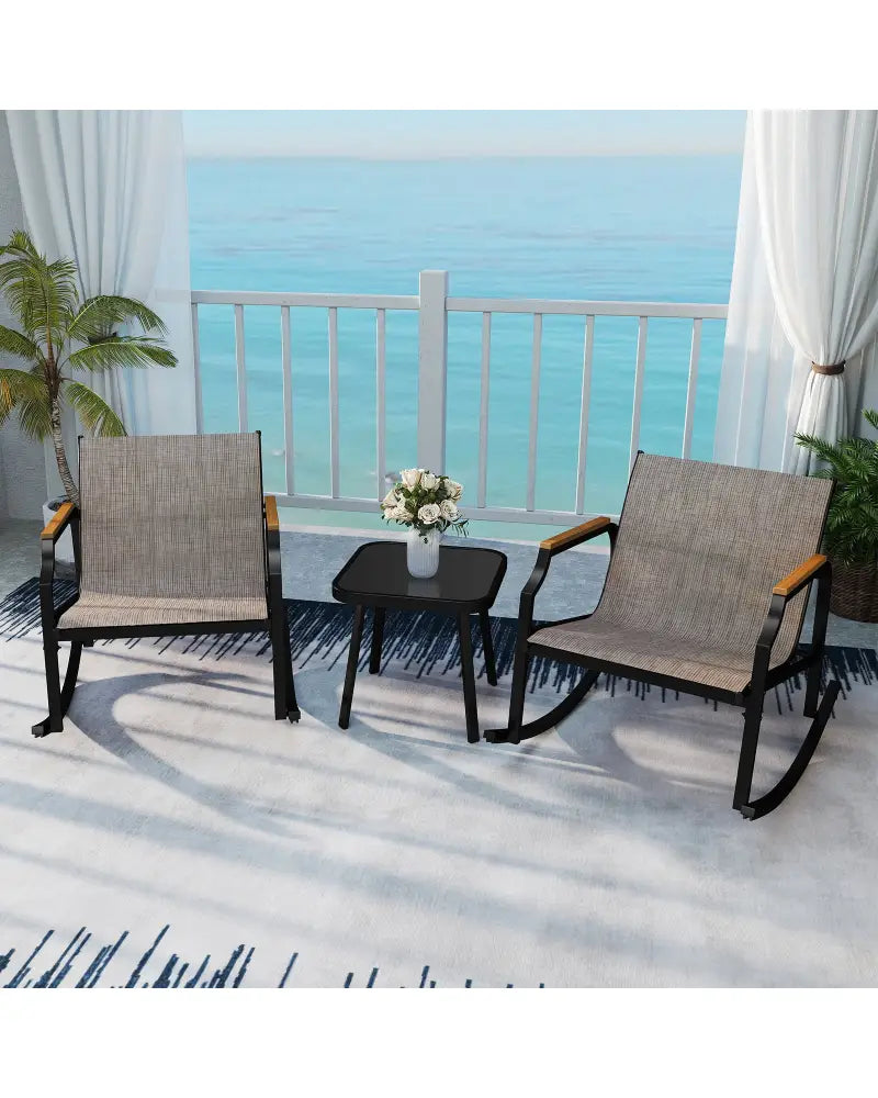 3 Piece Patio Rocking Bistro Set with Tempered Glass Coffee Table and Armrests for Porch-Brown - Brown - Patio
