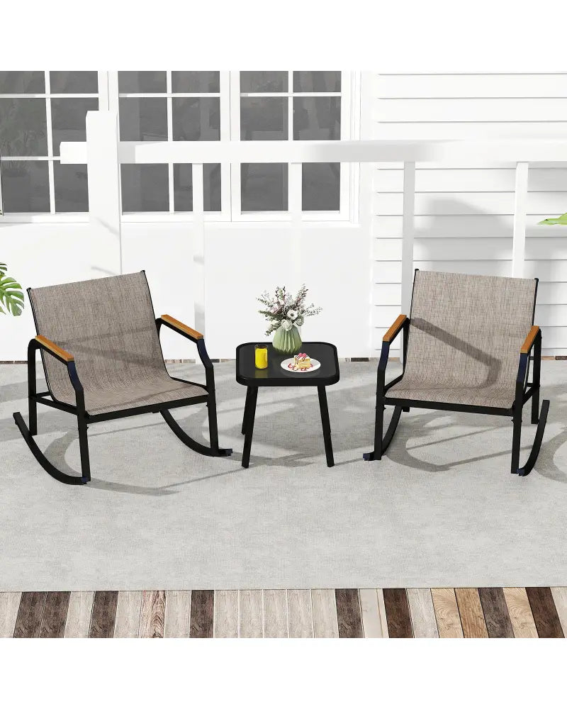 3 Piece Patio Rocking Bistro Set with Tempered Glass Coffee Table and Armrests for Porch-Brown - Brown - Patio
