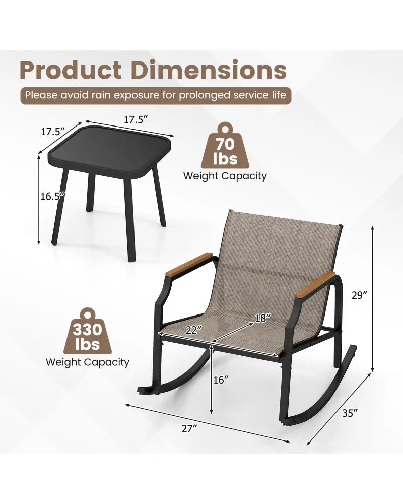 3 Piece Patio Rocking Bistro Set with Tempered Glass Coffee Table and Armrests for Porch-Brown - Brown - Patio