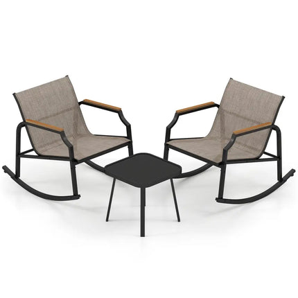 3 Piece Patio Rocking Bistro Set with Tempered Glass Coffee Table and Armrests for Porch-Brown - Brown - Patio