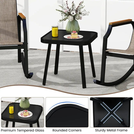3 Piece Patio Rocking Bistro Set with Tempered Glass Coffee Table and Armrests for Porch-Brown - Brown - Patio